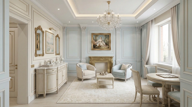 Дизайн гостиной в стиле Неоклассика — фото интерьера от нейросети RoomGPT