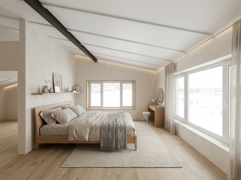 Дизайн спальни в стиле Сканди — фото интерьера от нейросети RoomGPT