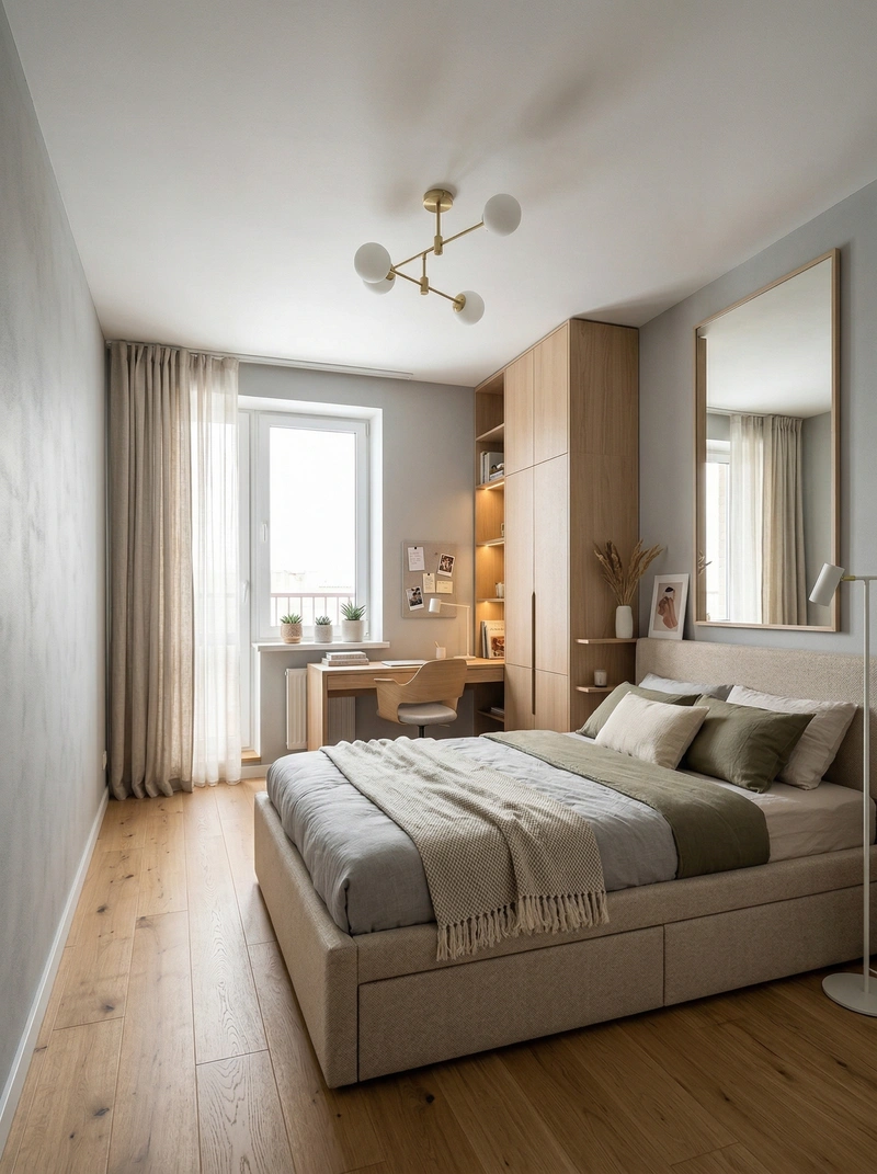 Дизайн спальни в стиле Сканди — фото интерьера от нейросети RoomGPT
