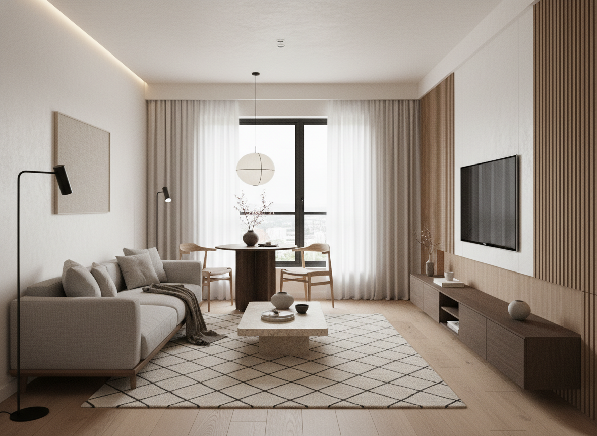 Дизайн гостиной в стиле Japandi — фото интерьера от нейросети RoomGPT