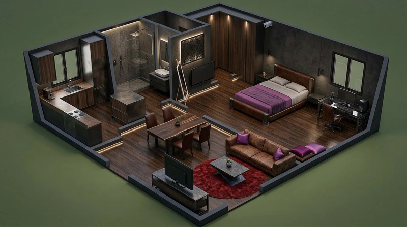 Дизайн гостиной в стиле Блэктэк — фото интерьера от нейросети RoomGPT