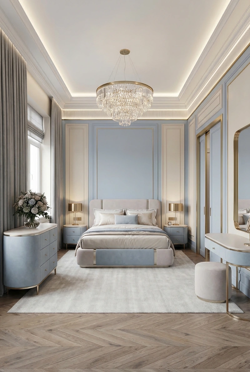 Дизайн спальни в стиле Неоклассика — фото интерьера от нейросети RoomGPT