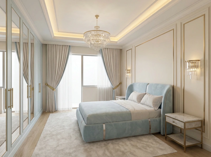 Дизайн спальни в стиле Неоклассика — фото интерьера от нейросети RoomGPT