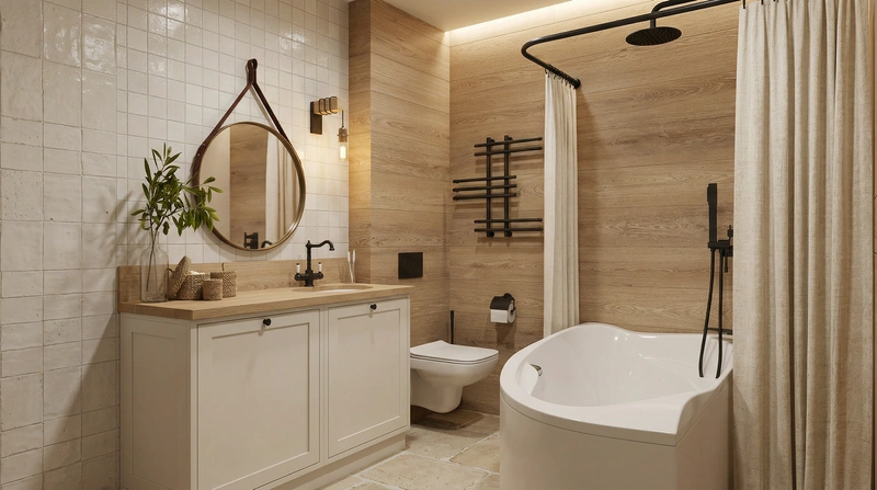 Дизайн ванной в стиле Japandi — фото интерьера от нейросети RoomGPT