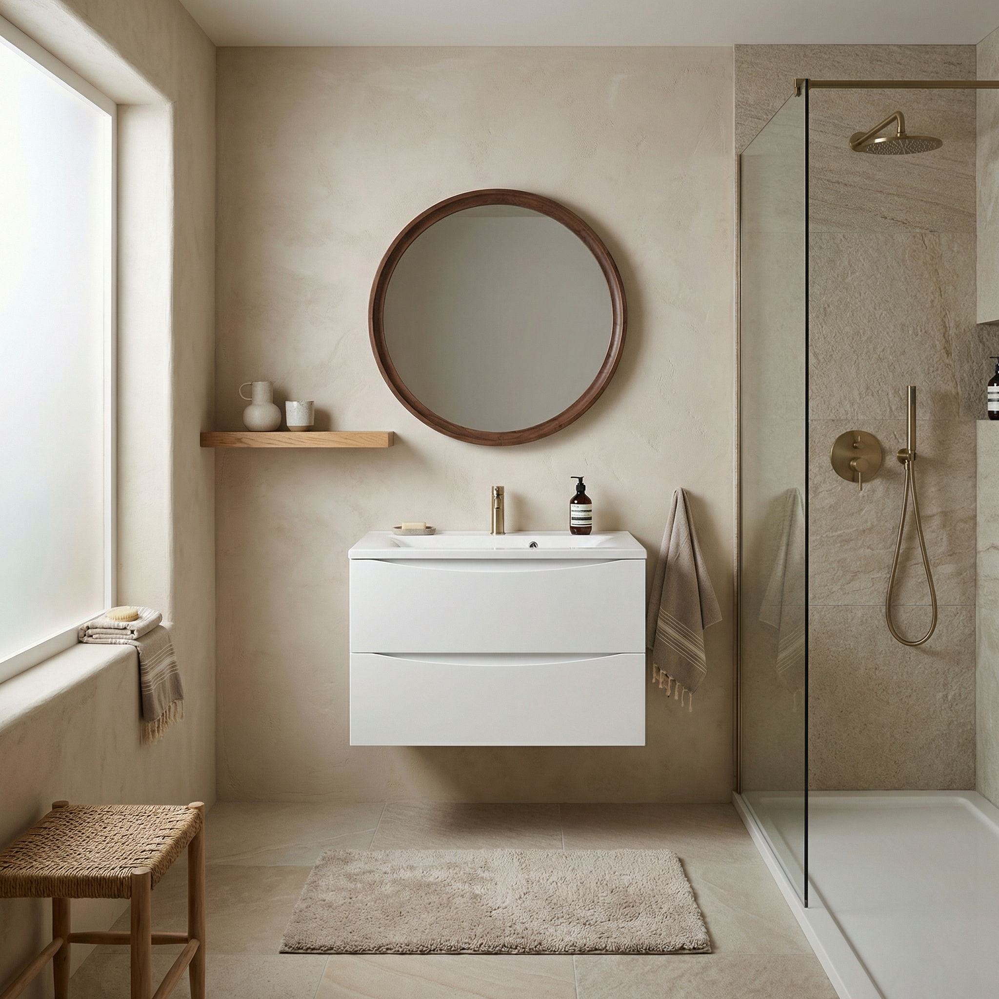 Дизайн ванной в стиле Japandi — фото интерьера от нейросети RoomGPT