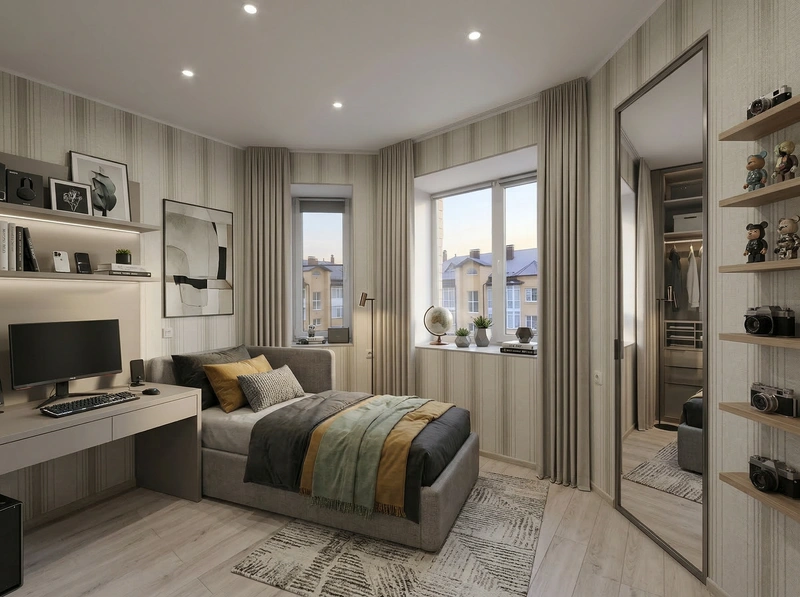 Дизайн спальни в стиле Контемпорари — фото интерьера от нейросети RoomGPT