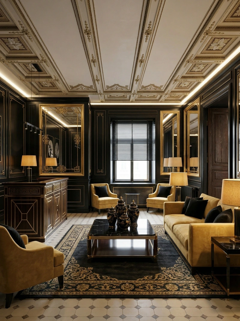 Дизайн гостиной в стиле Блэктэк — фото интерьера от нейросети RoomGPT