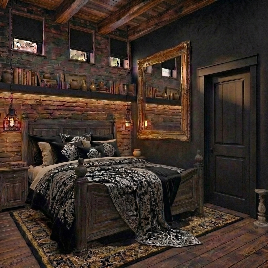 Дизайн спальни в стиле Блэктэк — фото интерьера от нейросети RoomGPT