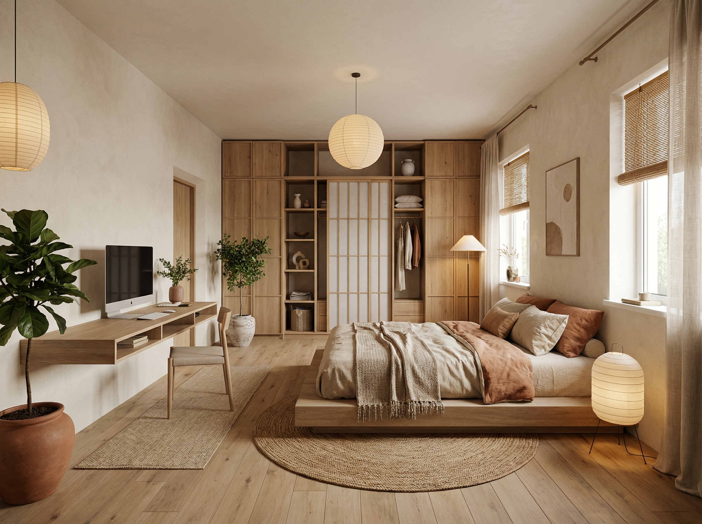 Дизайн спальни в стиле Japandi — фото интерьера от нейросети RoomGPT
