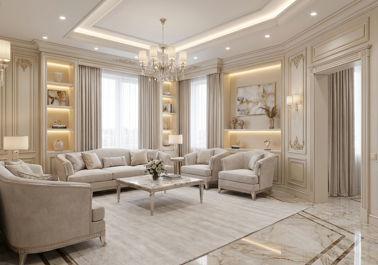 Дизайн гостиной в стиле Классика — фото интерьера от нейросети RoomGPT