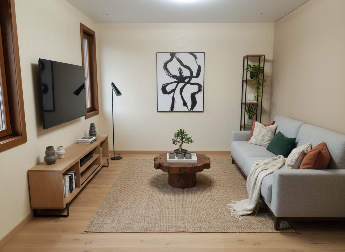 Дизайн гостиной в стиле Japandi — фото интерьера от нейросети RoomGPT