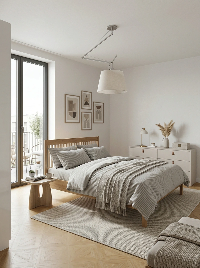 Дизайн спальни в стиле Сканди — фото интерьера от нейросети RoomGPT
