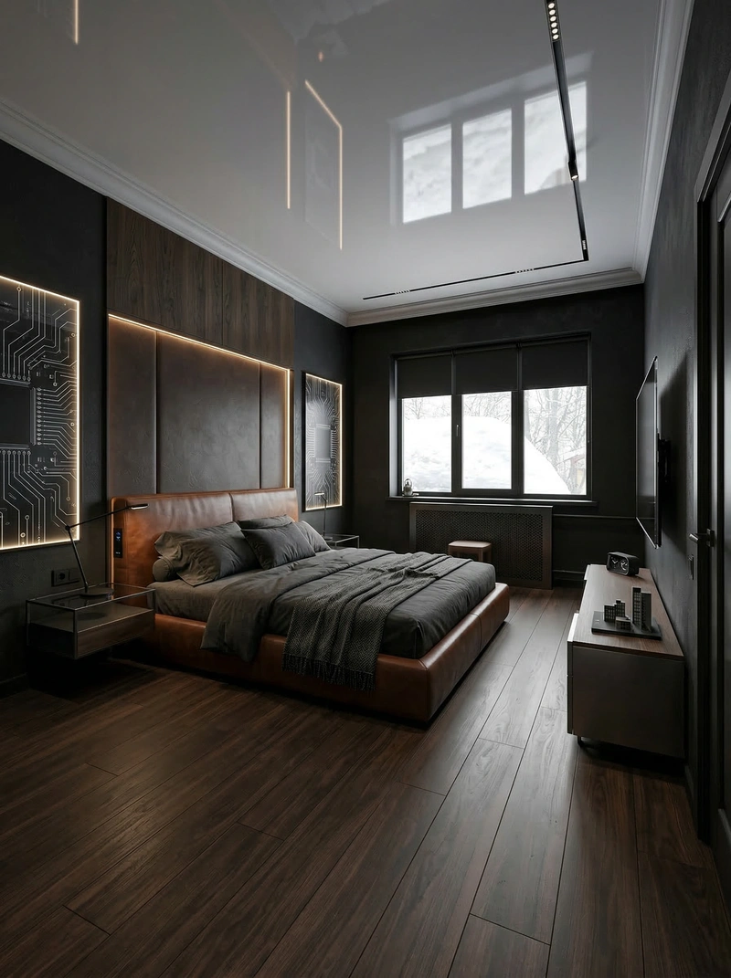 Дизайн спальни в стиле Блэктэк — фото интерьера от нейросети RoomGPT