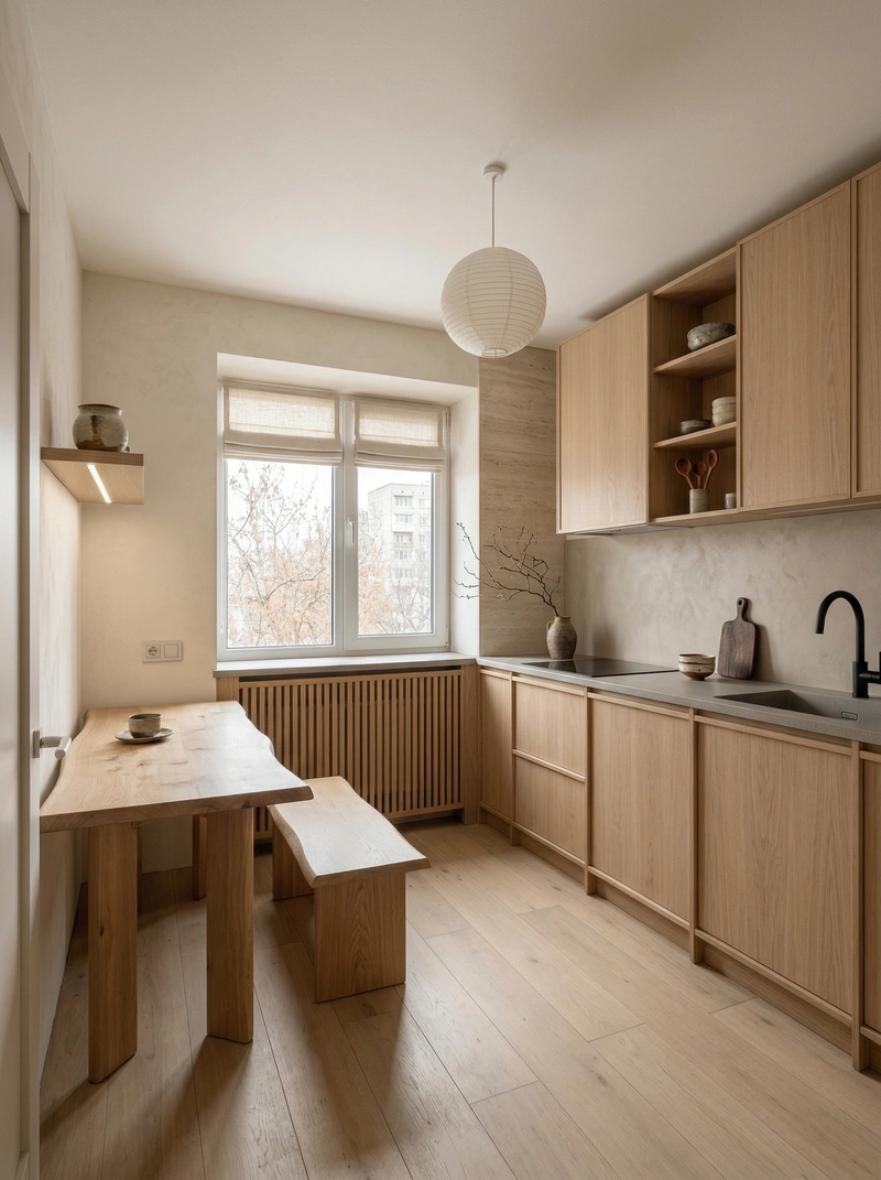 Дизайн кухни в стиле Japandi — фото интерьера от нейросети RoomGPT