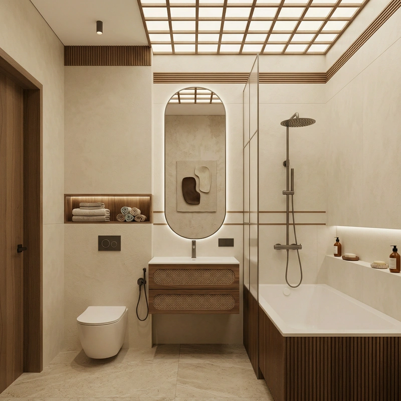 Дизайн ванной в стиле Japandi — фото интерьера от нейросети RoomGPT