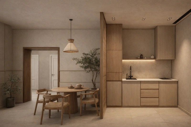 Дизайн кухни в стиле Japandi — фото интерьера от нейросети RoomGPT