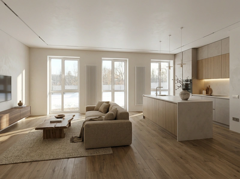 Дизайн гостиной в стиле Japandi — фото интерьера от нейросети RoomGPT