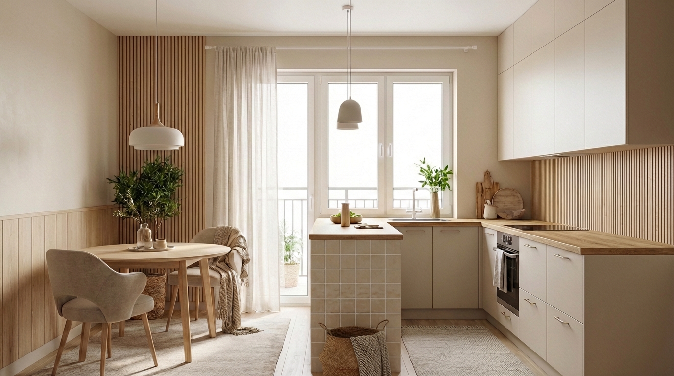 Дизайн кухни в стиле Хюгге — фото интерьера от нейросети RoomGPT