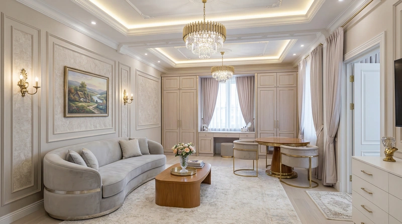 Дизайн гостиной в стиле Неоклассика — фото интерьера от нейросети RoomGPT