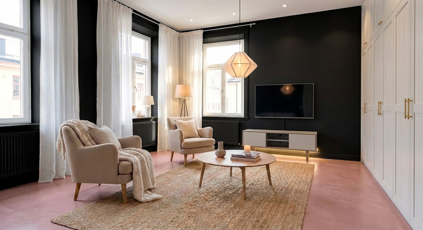 Дизайн гостиной в стиле Хюгге — фото интерьера от нейросети RoomGPT