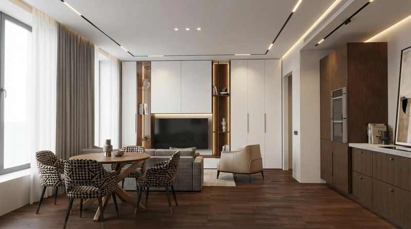 Дизайн интерьера в стиле Контемпорари — Гостиная от нейросети RoomGPT