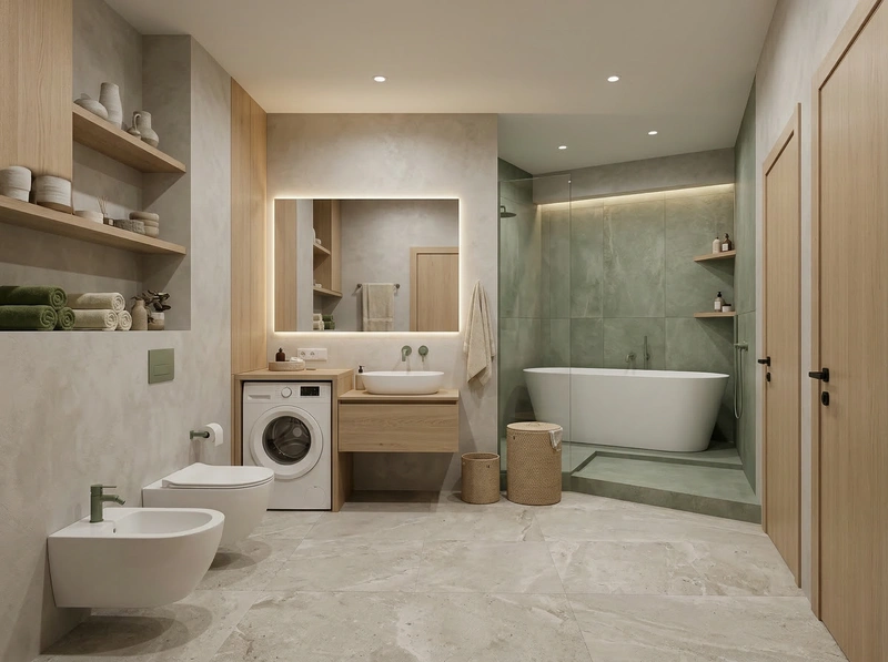 Дизайн ванной в стиле Japandi — фото интерьера от нейросети RoomGPT