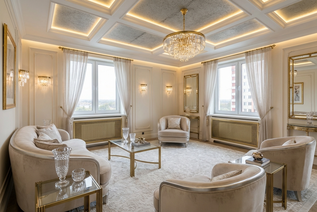 Дизайн гостиной в стиле Неоклассика — фото интерьера от нейросети RoomGPT