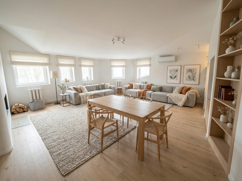 Дизайн гостиной в стиле Хюгге — фото интерьера от нейросети RoomGPT