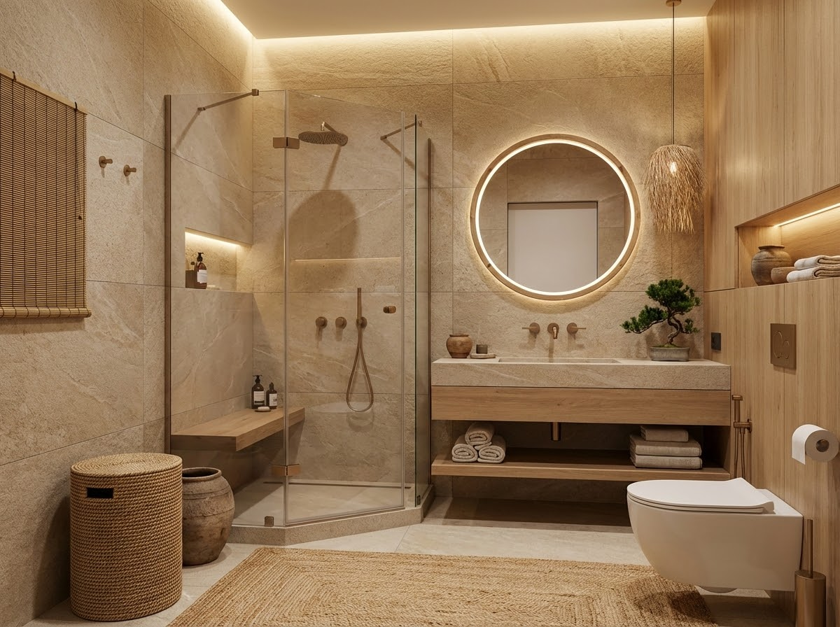 Дизайн ванной в стиле Japandi — фото интерьера от нейросети RoomGPT