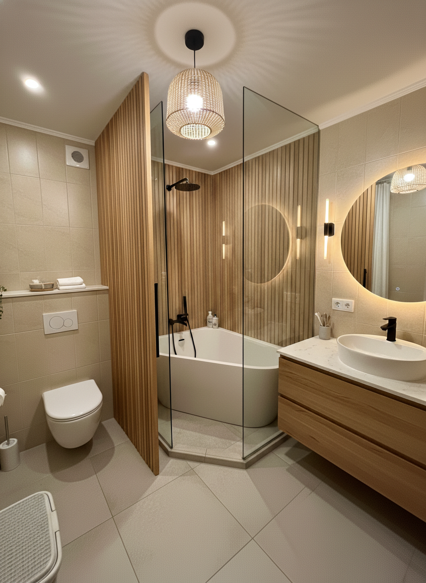 Дизайн ванной в стиле Japandi — фото интерьера от нейросети RoomGPT