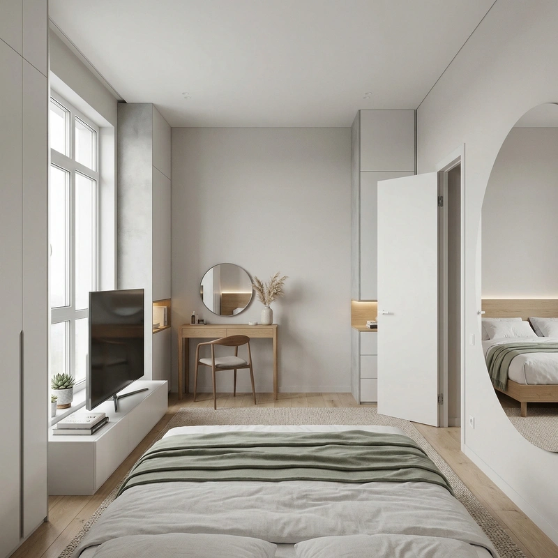 Дизайн спальни в стиле Сканди — фото интерьера от нейросети RoomGPT