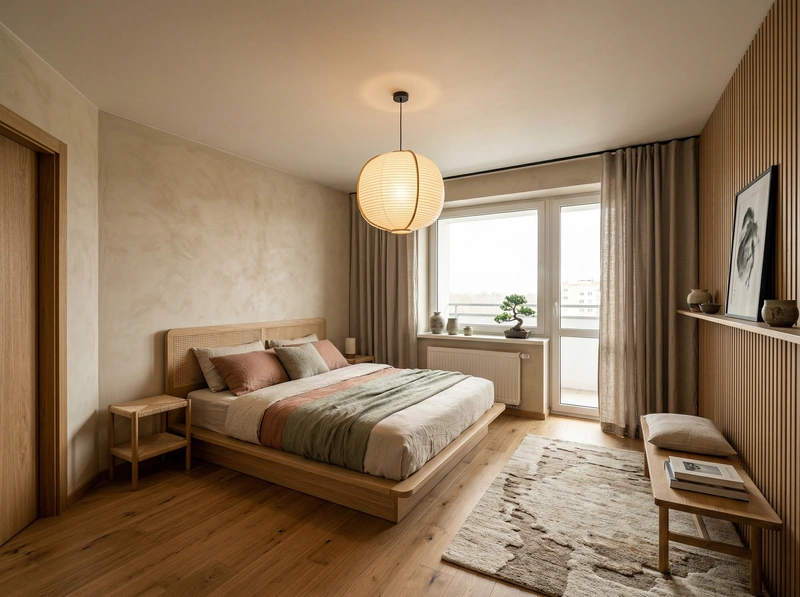 Дизайн спальни в стиле Japandi — фото интерьера от нейросети RoomGPT