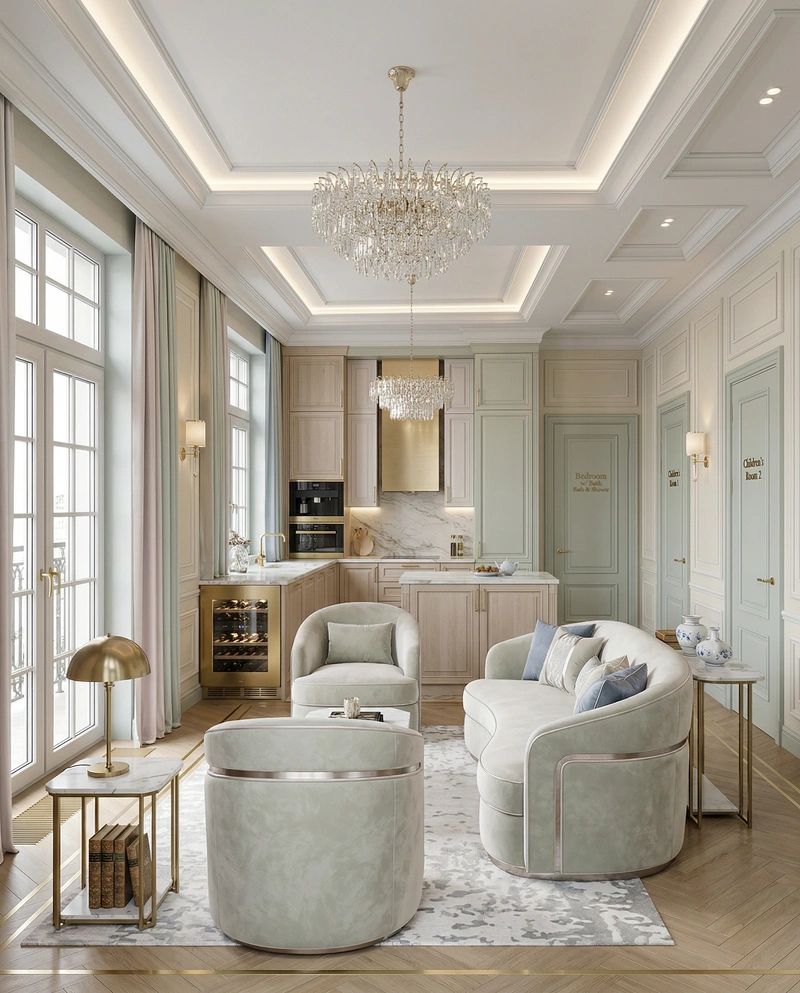 Дизайн гостиной в стиле Неоклассика — фото интерьера от нейросети RoomGPT