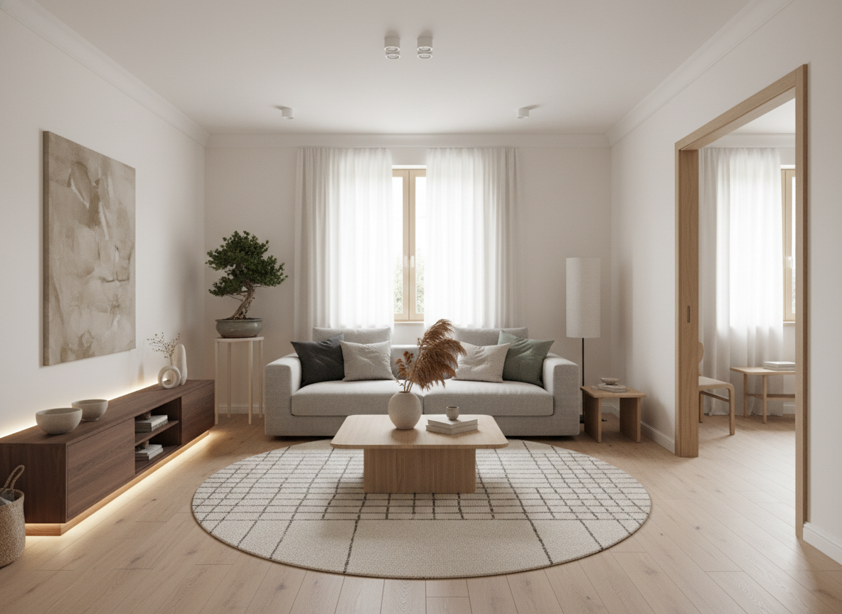 Дизайн гостиной в стиле Japandi — фото интерьера от нейросети RoomGPT