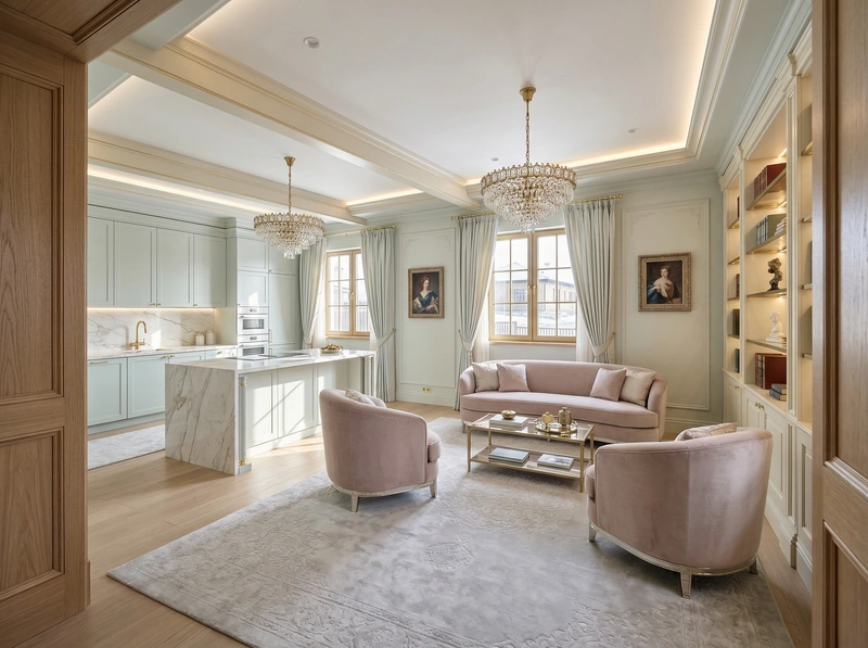 Дизайн интерьера в стиле Неоклассика — Гостиная от нейросети RoomGPT