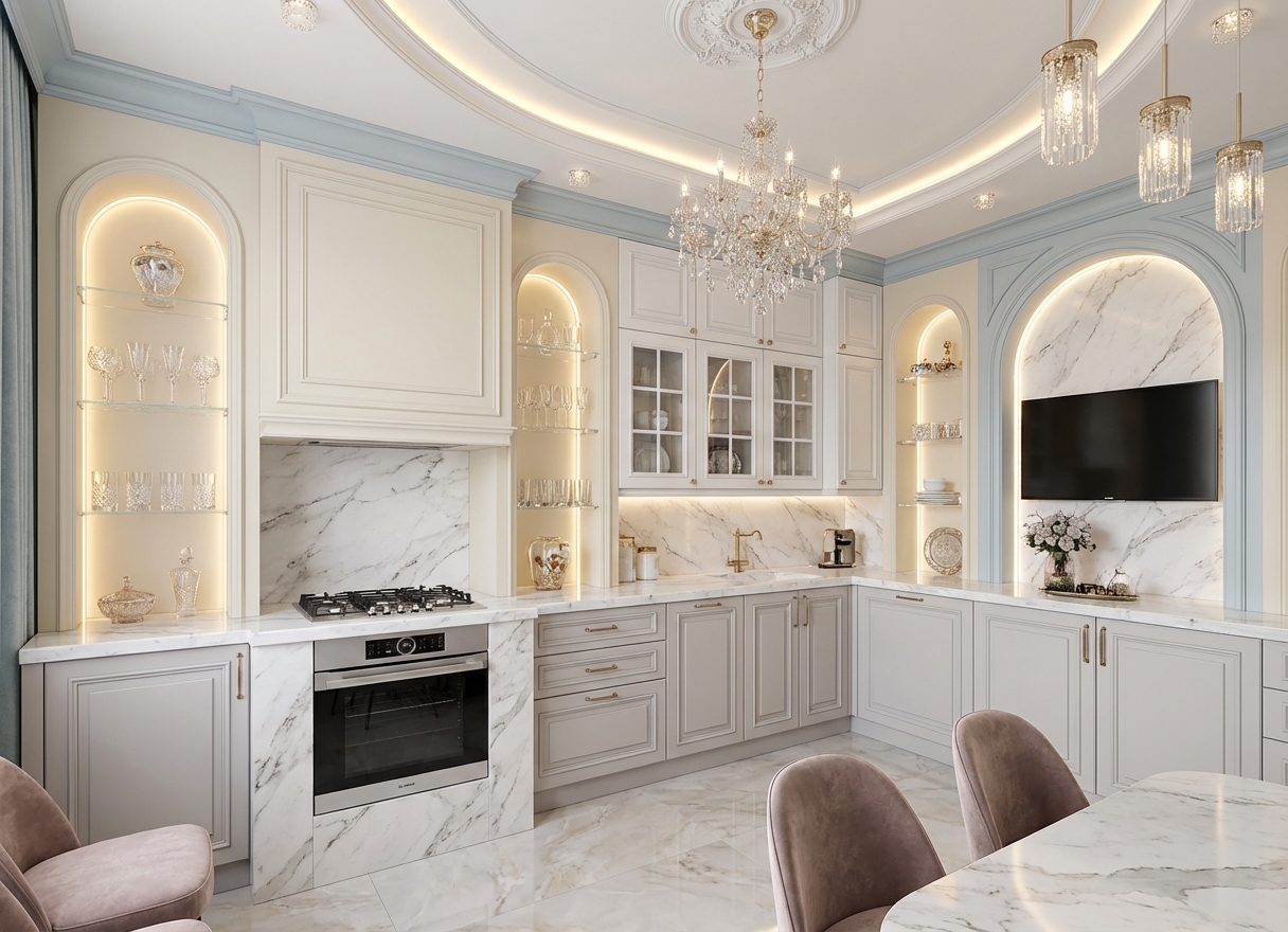 Дизайн кухни в стиле Классика — фото интерьера от нейросети RoomGPT