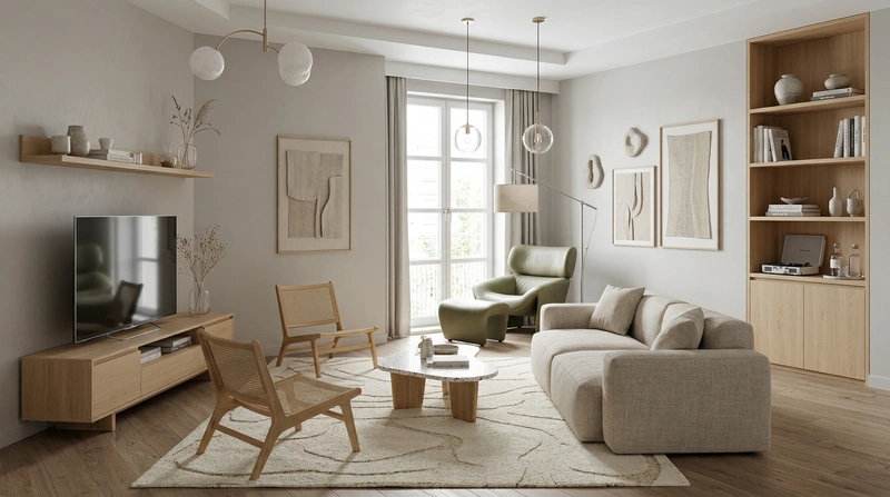 Дизайн гостиной в стиле Сканди — фото интерьера от нейросети RoomGPT