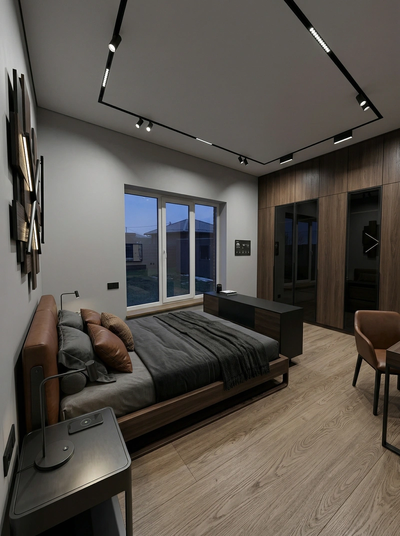 Дизайн спальни в стиле Блэктэк — фото интерьера от нейросети RoomGPT