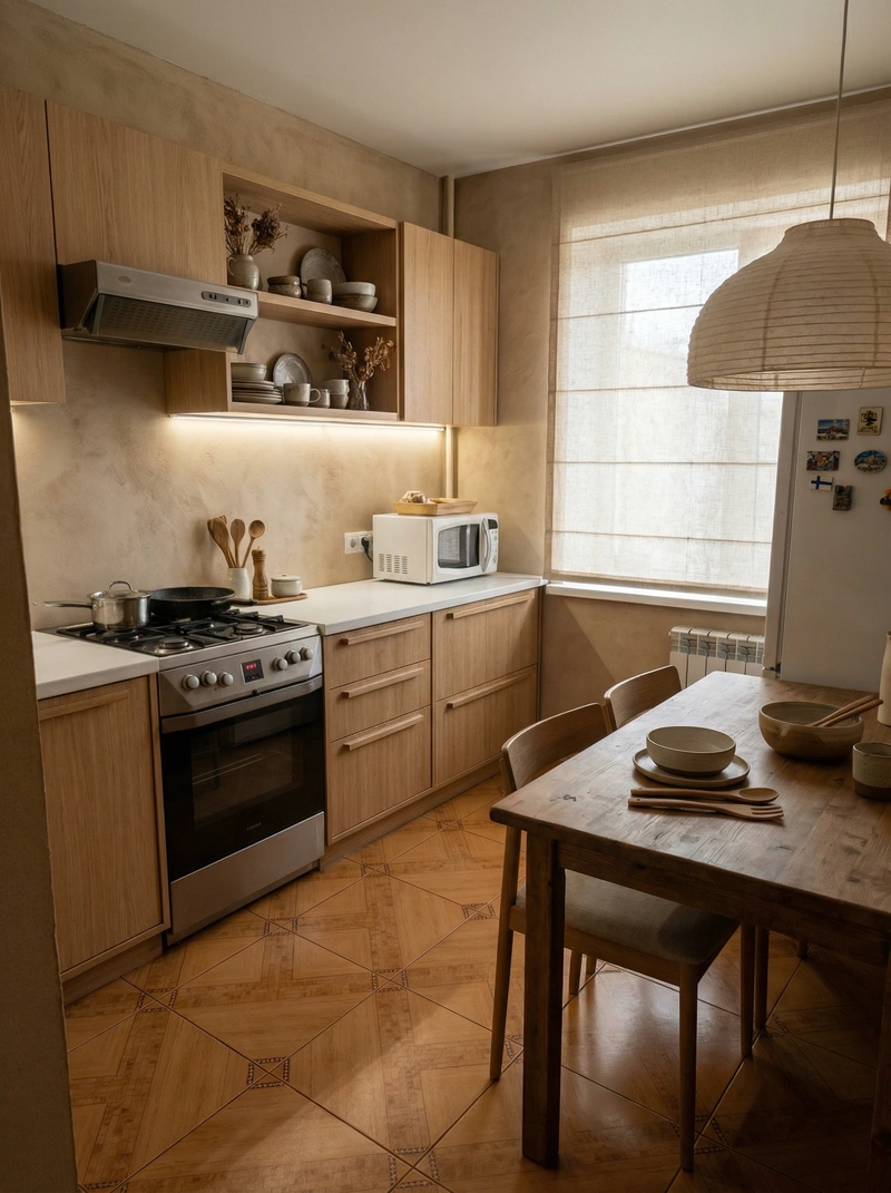 Дизайн кухни в стиле Japandi — фото интерьера от нейросети RoomGPT