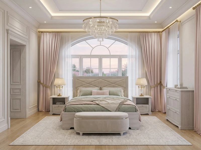 Дизайн спальни в стиле Неоклассика — фото интерьера от нейросети RoomGPT