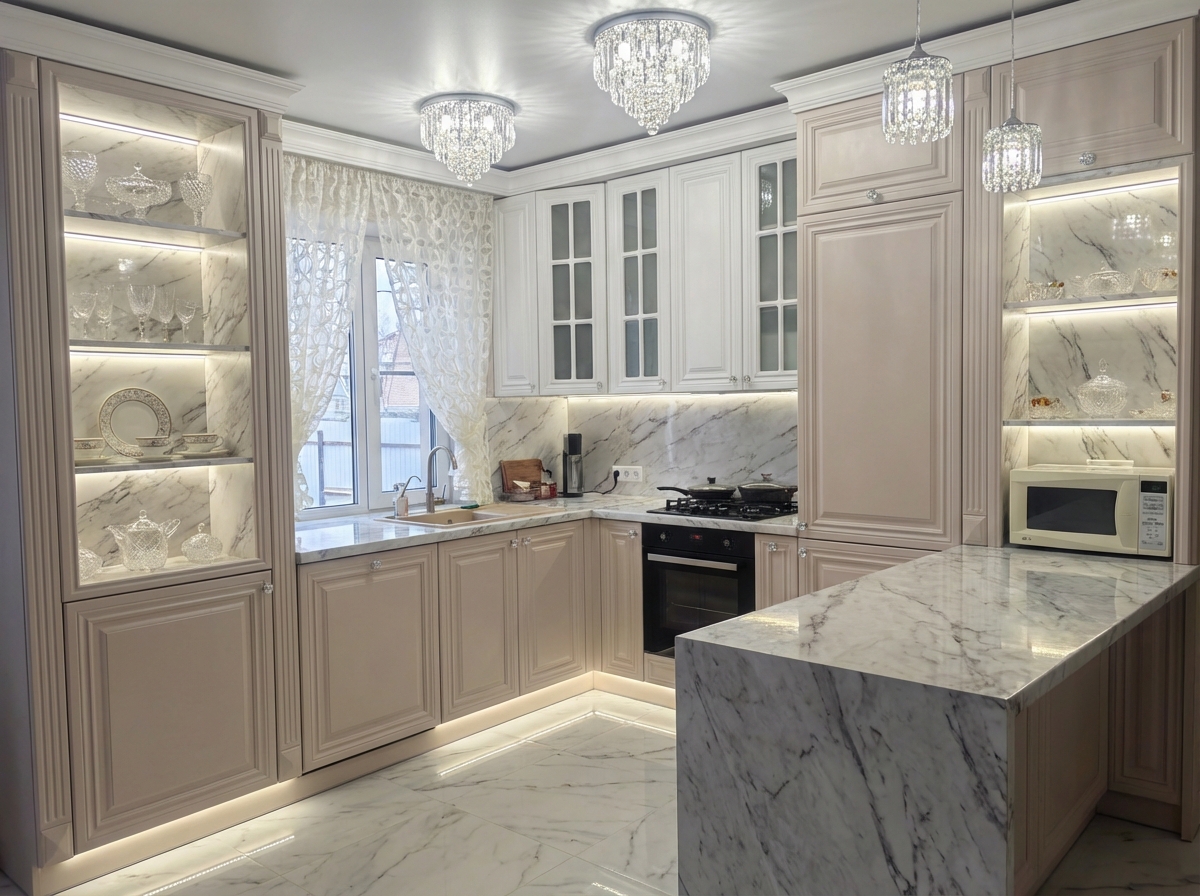 Дизайн кухни в стиле Классика — фото интерьера от нейросети RoomGPT