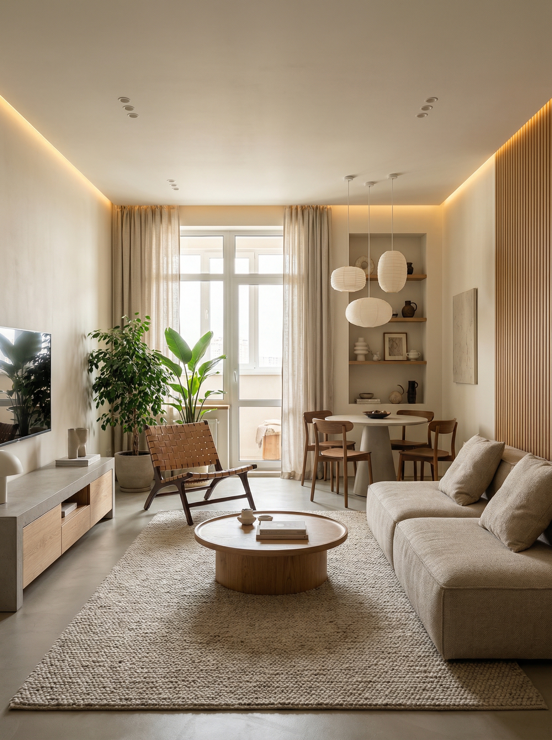 Дизайн гостиной в стиле Japandi — фото интерьера от нейросети RoomGPT