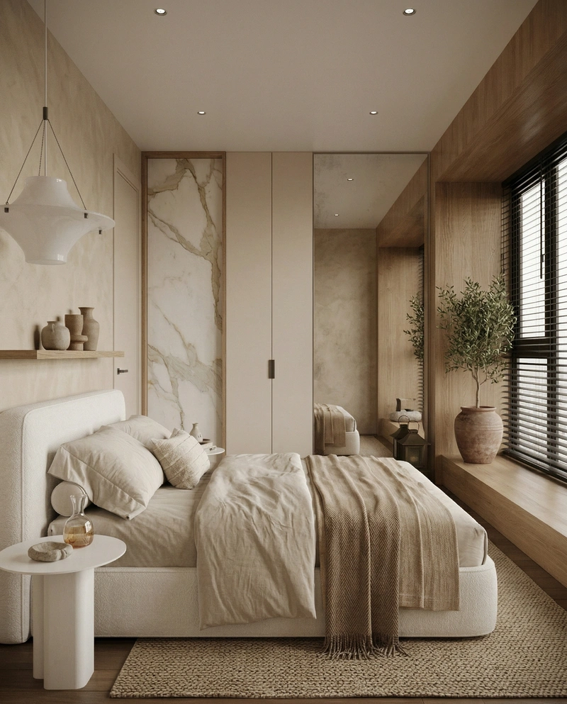 Дизайн спальни в стиле Japandi — фото интерьера от нейросети RoomGPT