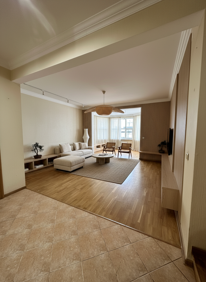 Дизайн гостиной в стиле Japandi — фото интерьера от нейросети RoomGPT