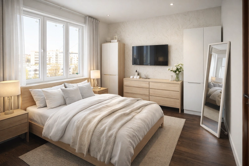 Дизайн спальни в стиле Сканди — фото интерьера от нейросети RoomGPT