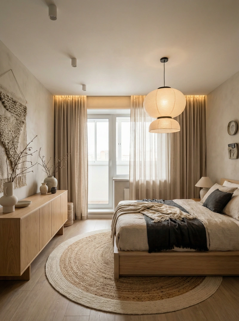 Дизайн спальни в стиле Japandi — фото интерьера от нейросети RoomGPT
