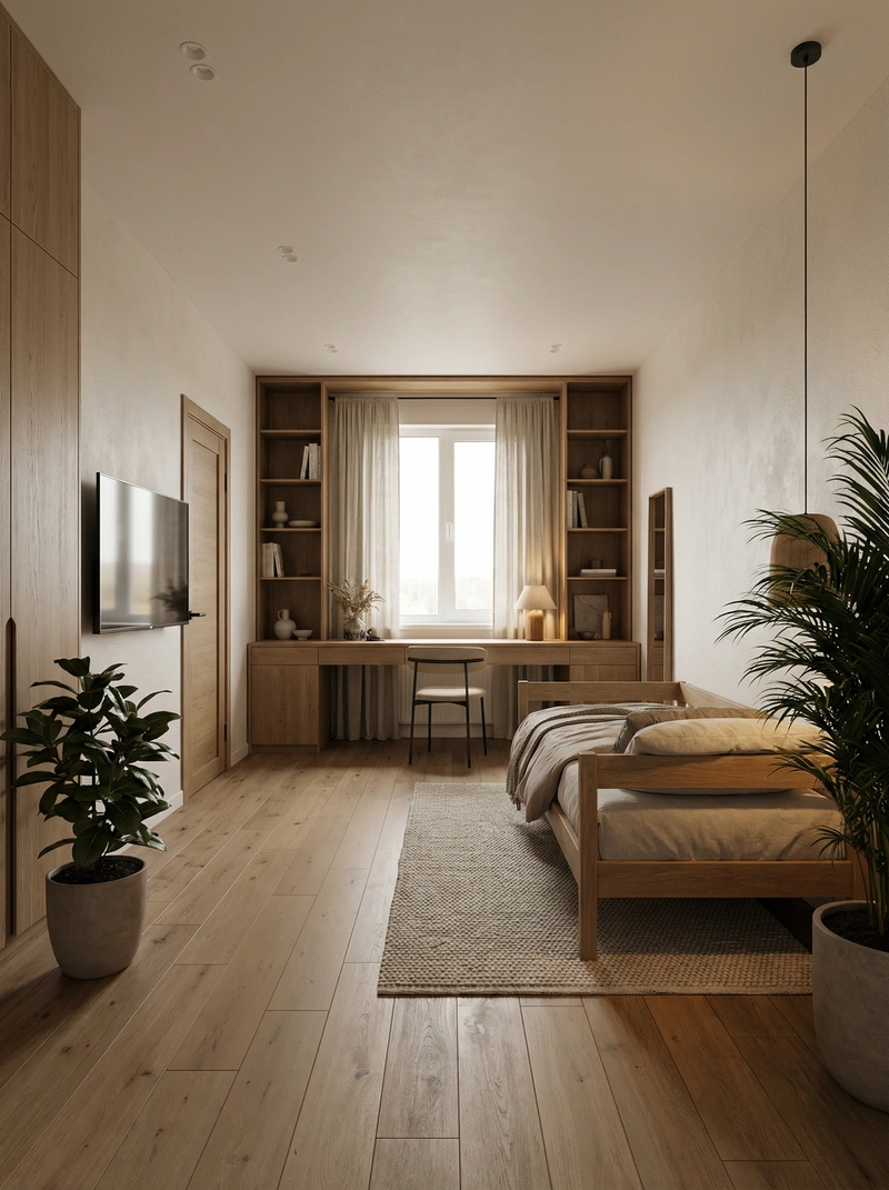 Дизайн спальни в стиле Japandi — фото интерьера от нейросети RoomGPT