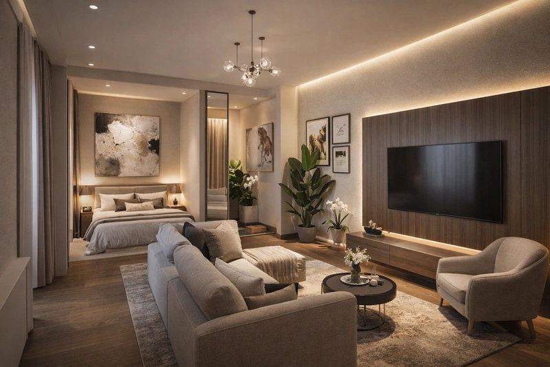 Дизайн гостиной в стиле Контемпорари — фото интерьера от нейросети RoomGPT