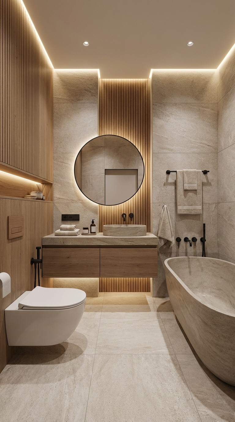 Дизайн ванной в стиле Japandi — фото интерьера от нейросети RoomGPT