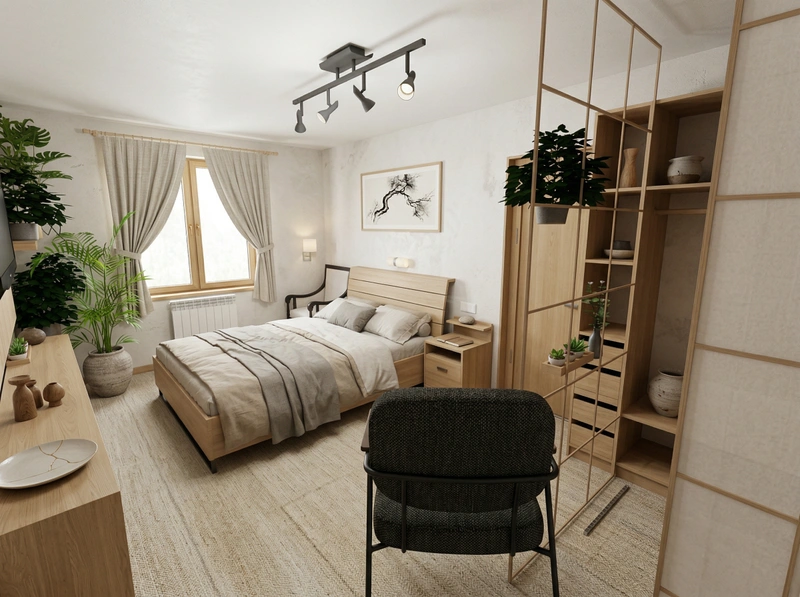 Дизайн спальни в стиле Japandi — фото интерьера от нейросети RoomGPT